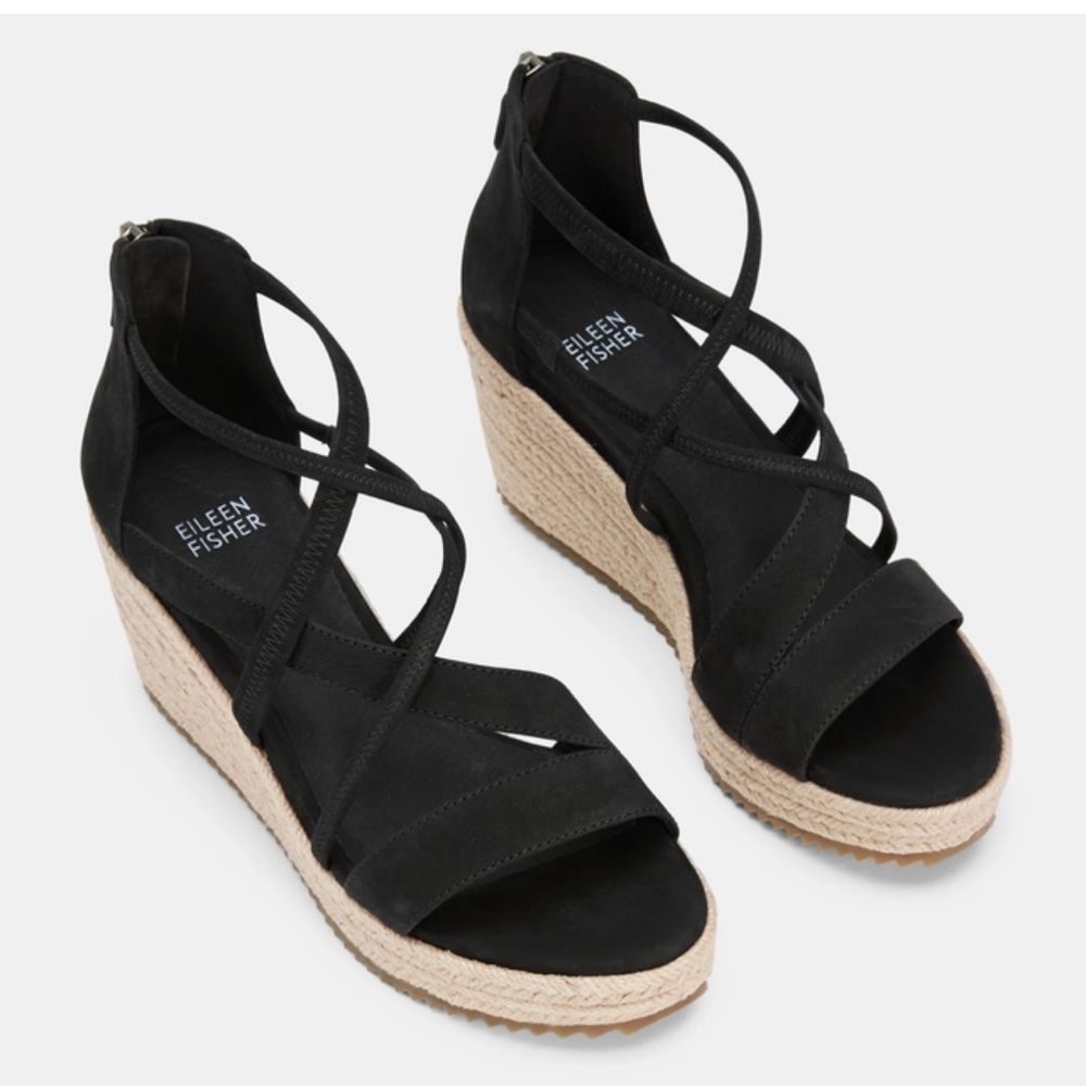 Eileen Fisher Black Strappy Wedge Sandals Only Worn Once. - Picture 2 of 9